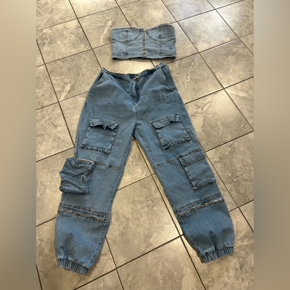Blue Denim Cargo Pants and Tube Top Set fashion nova size 2x fits a 1x -2x